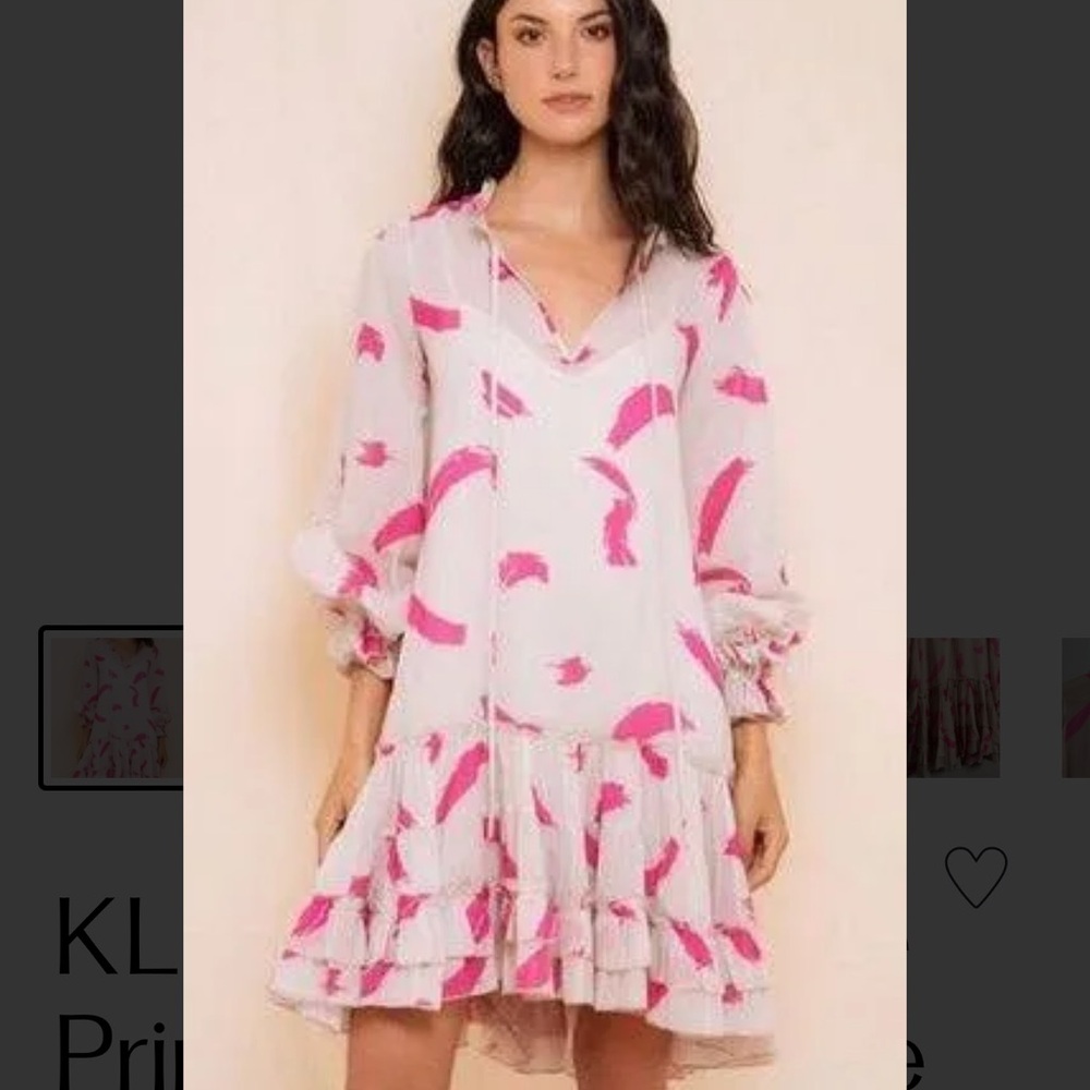 KLEID IIONA Dress Ruffle Printed Long Sleeve Pink Tan Sheer Mini Dress Small